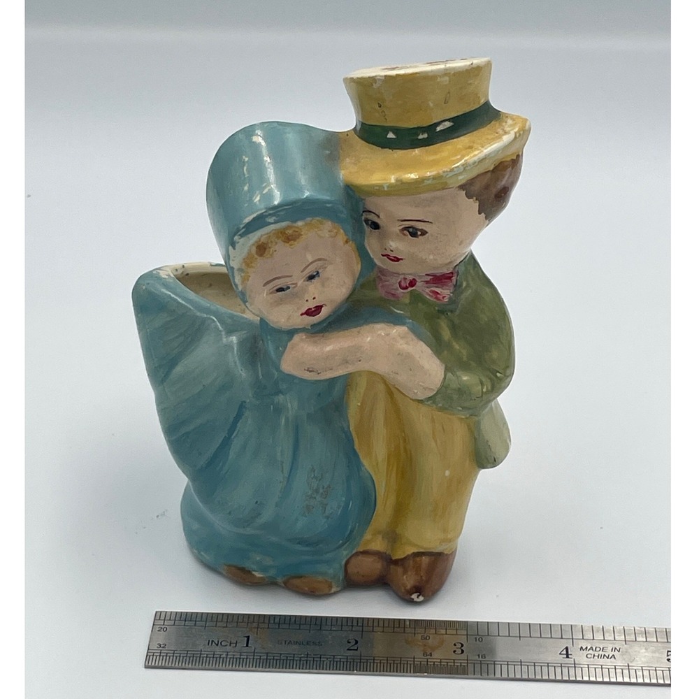 Vintage Ceramic Boy and Girl Planter Bud Vase Victorian Style Hand Painted 5.5in